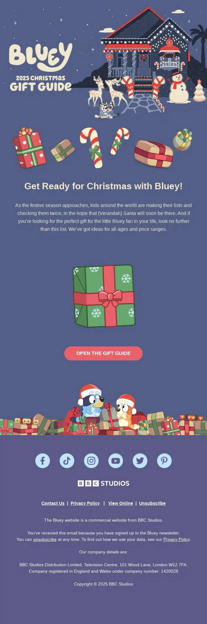 BBC Studios Bluey 2025 Christmas gift guide email with festive illustrations and an “Open the gift guide” button