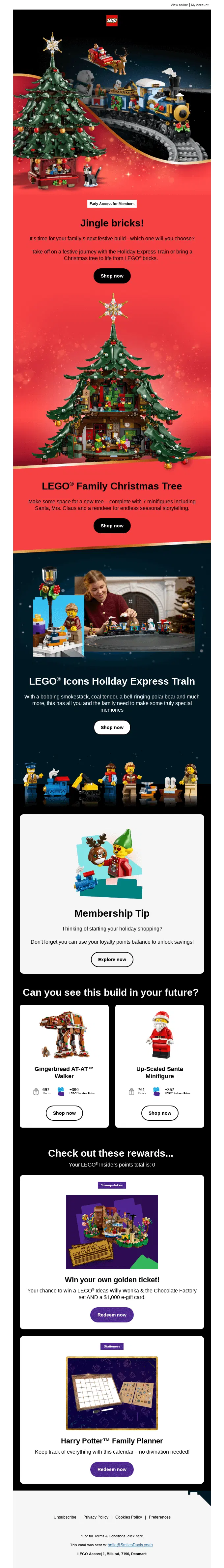 LEGO members-only early access email featuring the LEGO Family Christmas Tree and Holiday Express Train sets