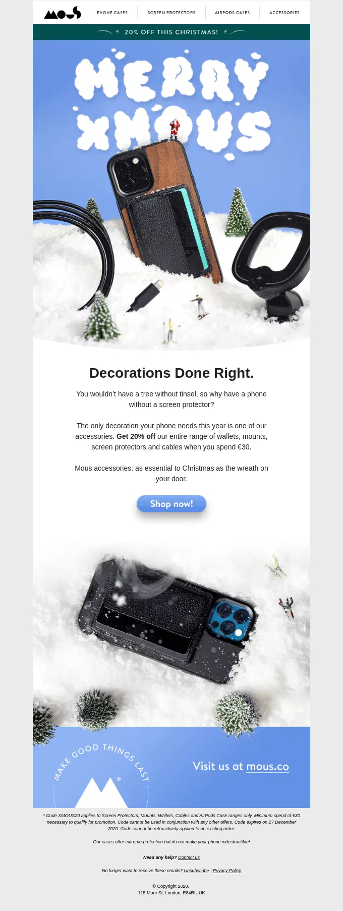 Mous “Merry Xmous” email showing phone cases in snow and offering 20% off accessories on orders over €30