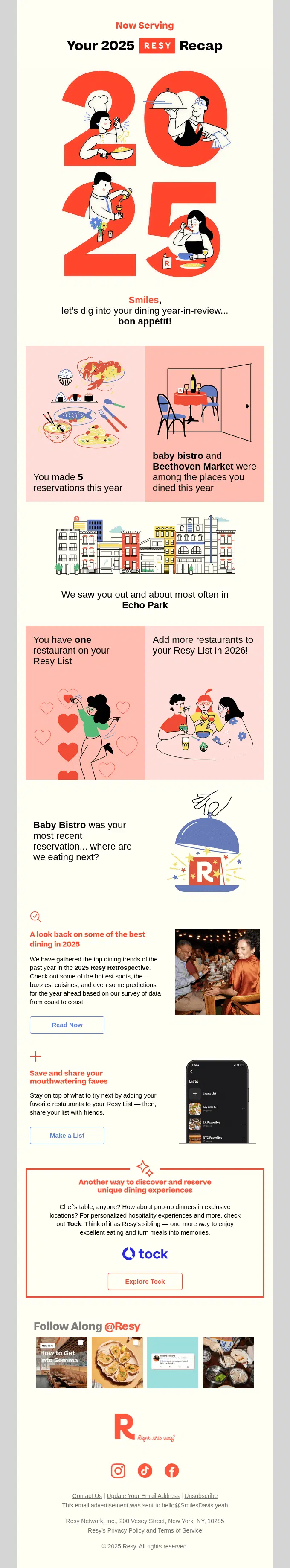 Resy 2025 Recap email showing a diner’s reservation count, favorite neighborhood, and most recent restaurant