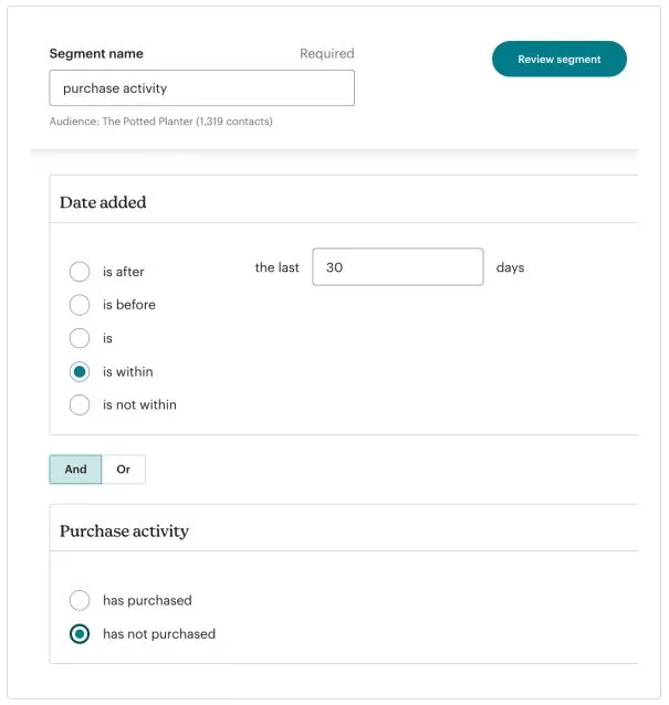 Omnisend vs Mailchimp: Mailchimp segmentation option
