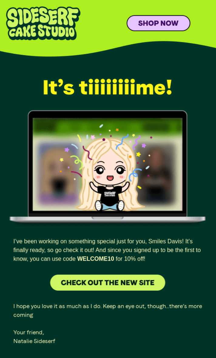 new website announcement email example from sideserf cake studio
