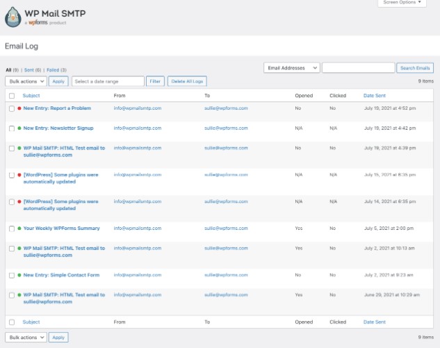 WP mail log