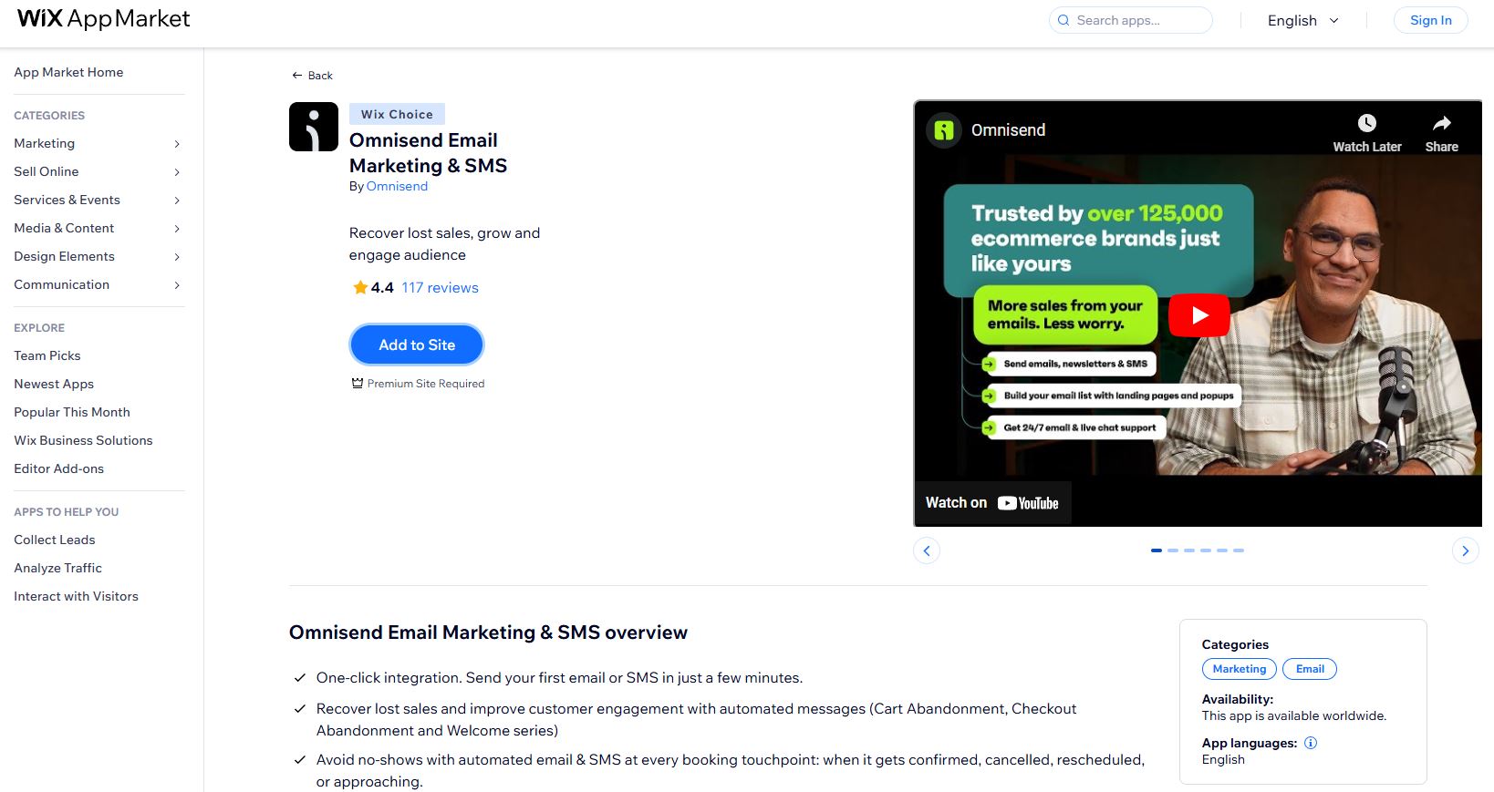 Omnisend on wix appmarket