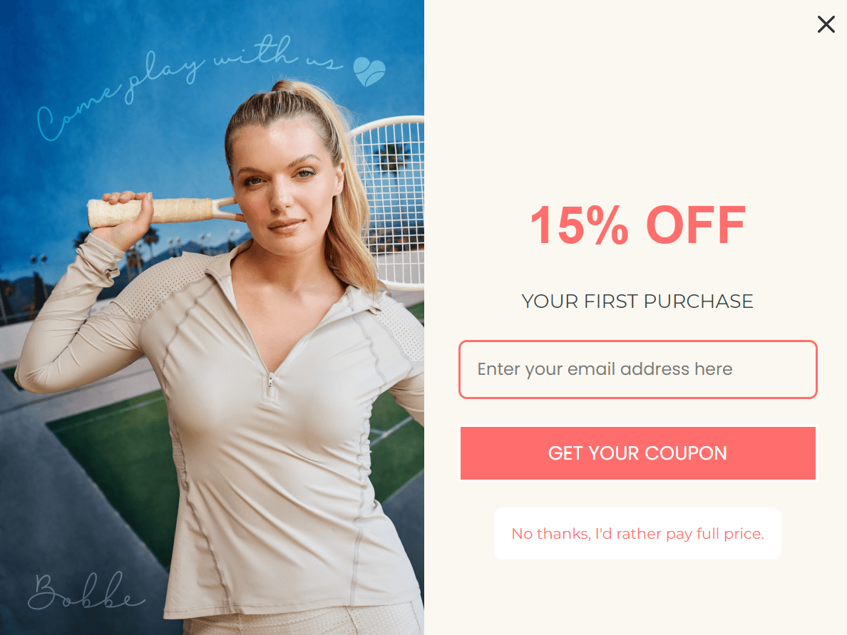 discount popup example: bobbe active