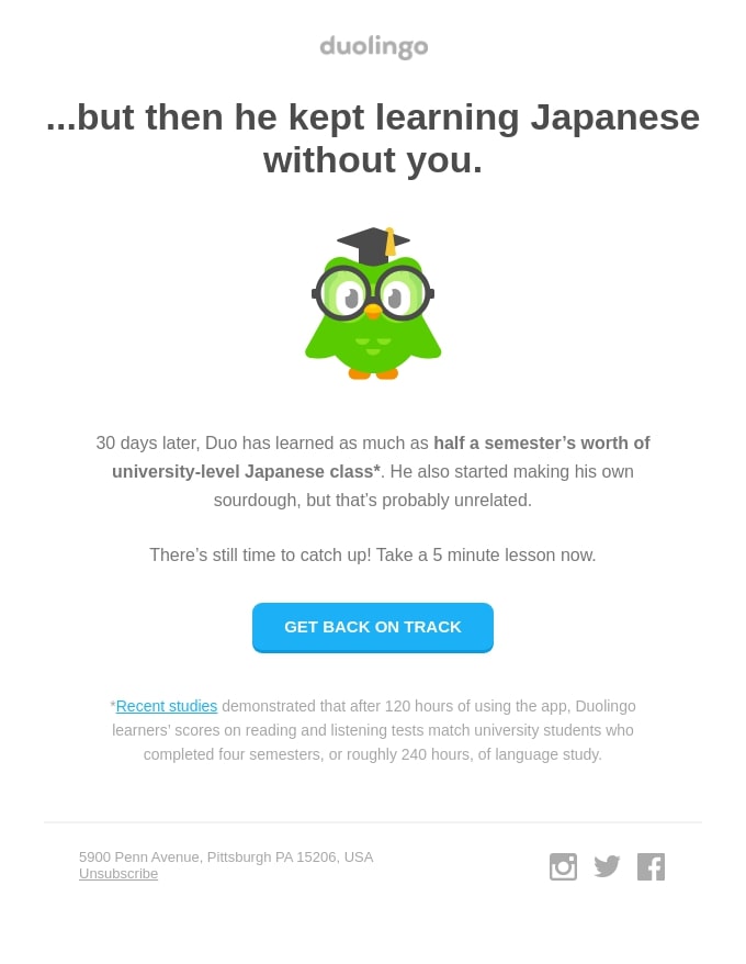 email cadence example from duolingo