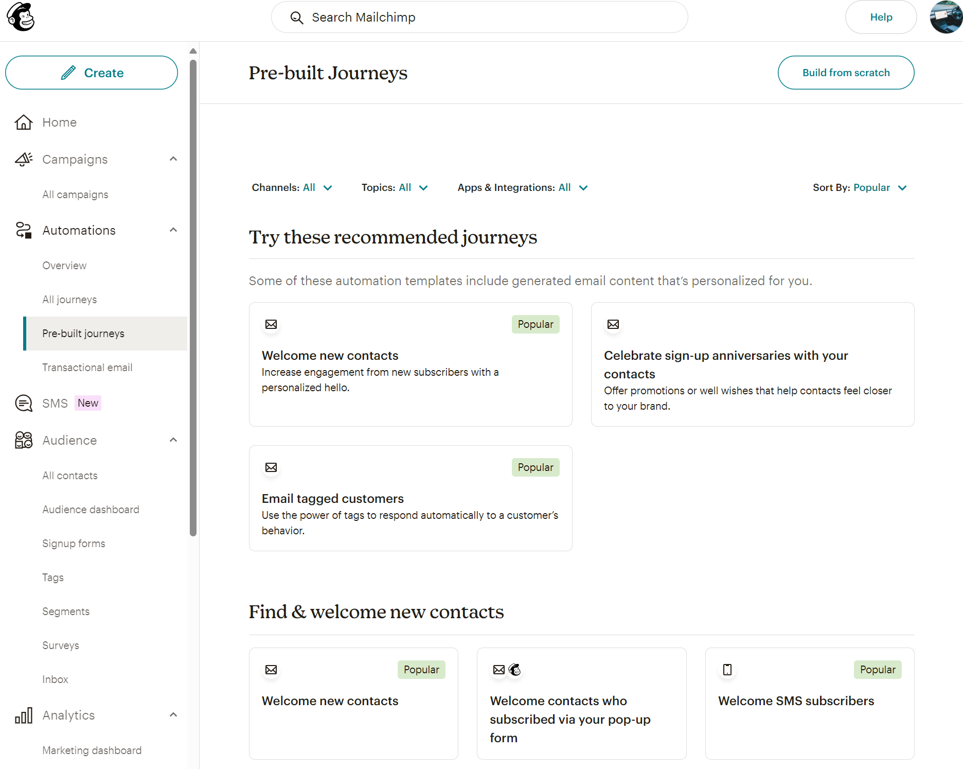 Brevo vs Mailchimp: Mailchimp pre-built journeys