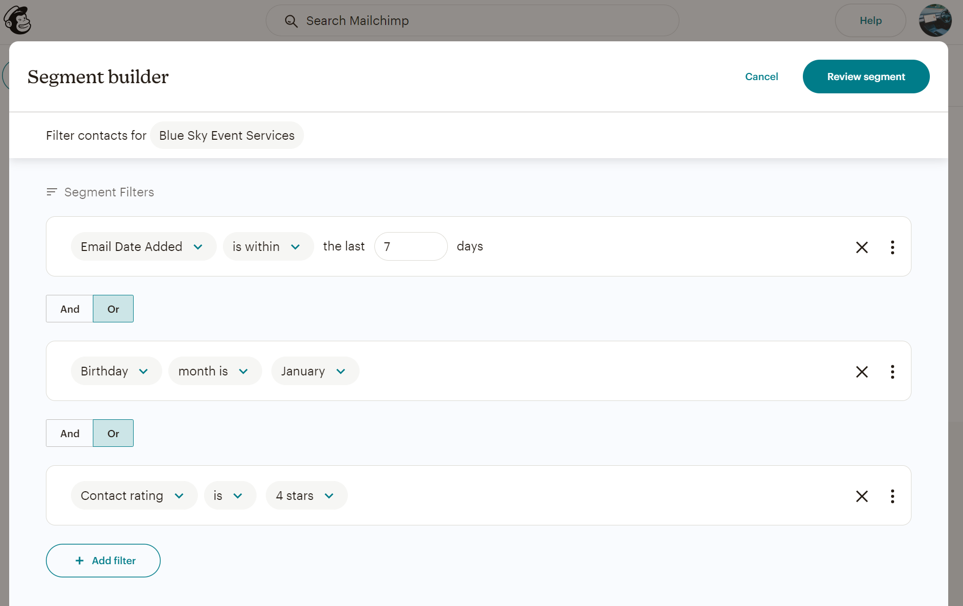 Brevo vs Mailchimp: Mailchimp segment builder