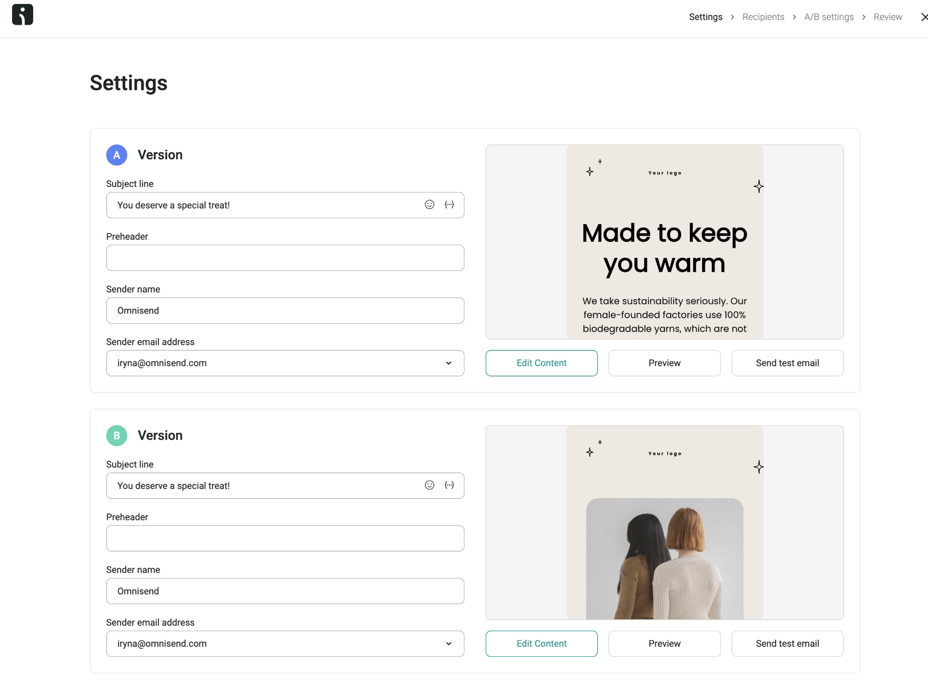 Omnisend A/B testing