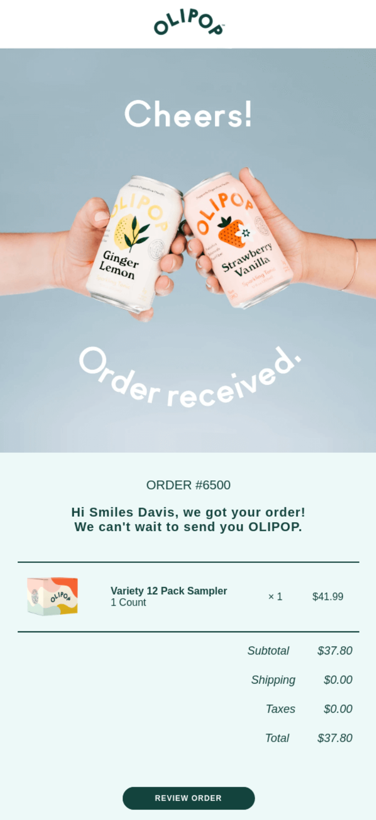 post-purchase email example: order confirmation email