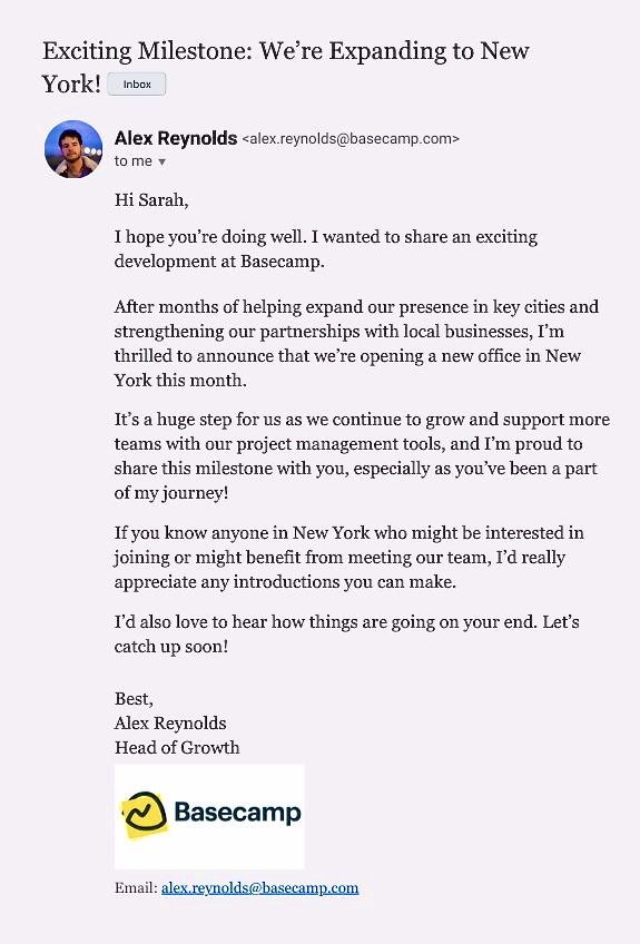 email correspondence example: personal update