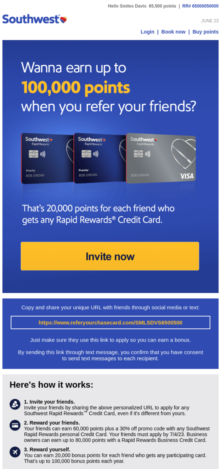 referral email subject line example from southwest