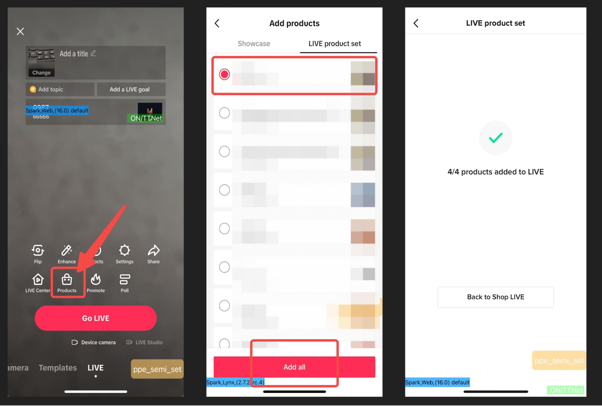 Creating live product set