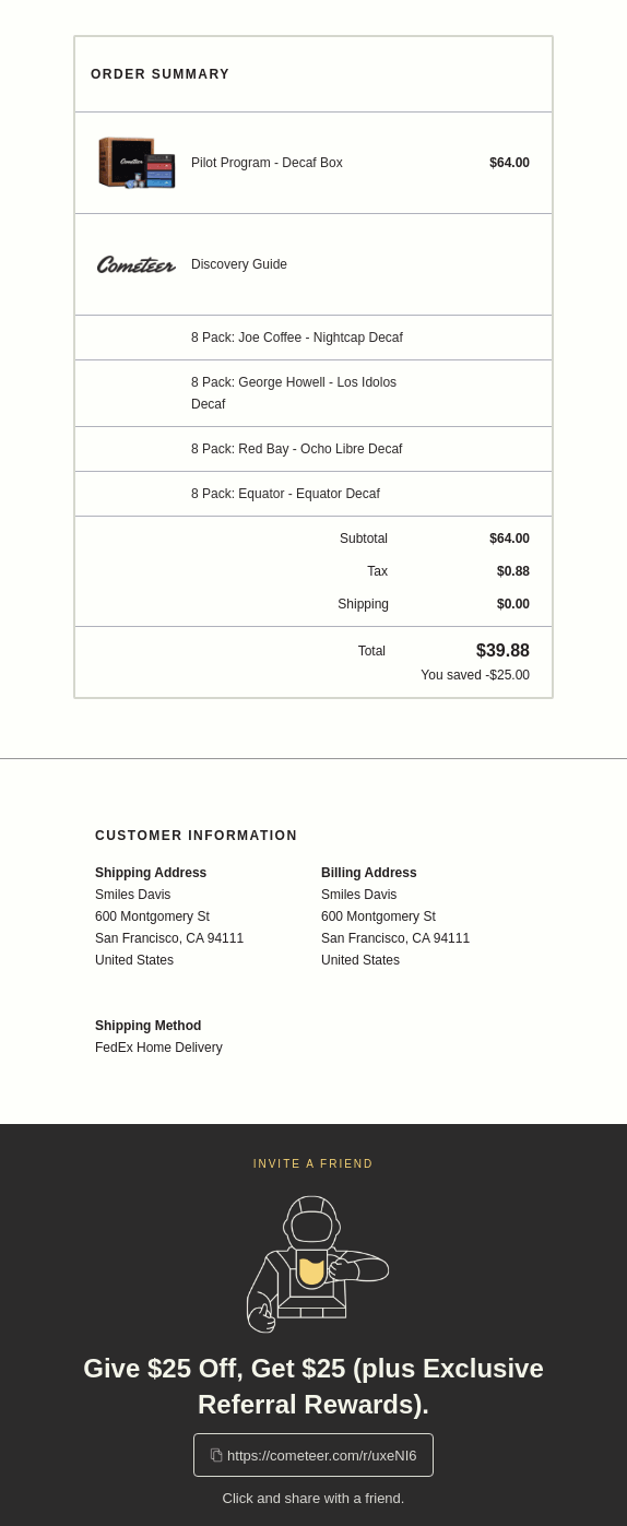 Order confirmation email with discount for next purchase — Cometeer