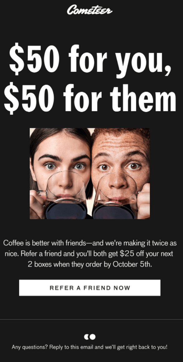 referral email subject line example from cometeer