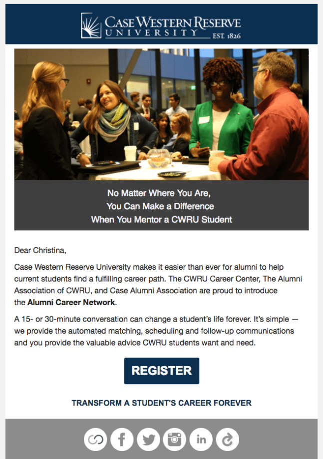 email marketing for higher education: CWRU alumni outreach email