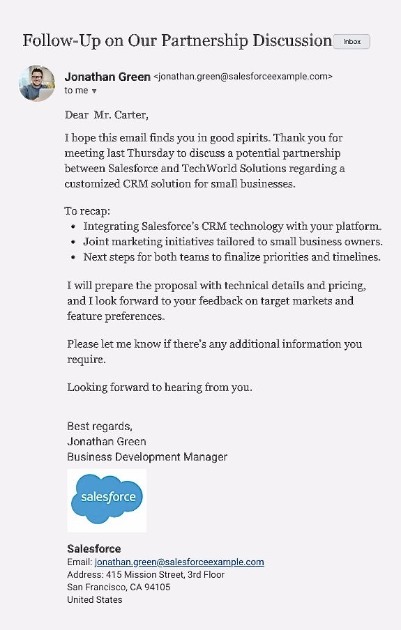 email correspondence example: follow-up email