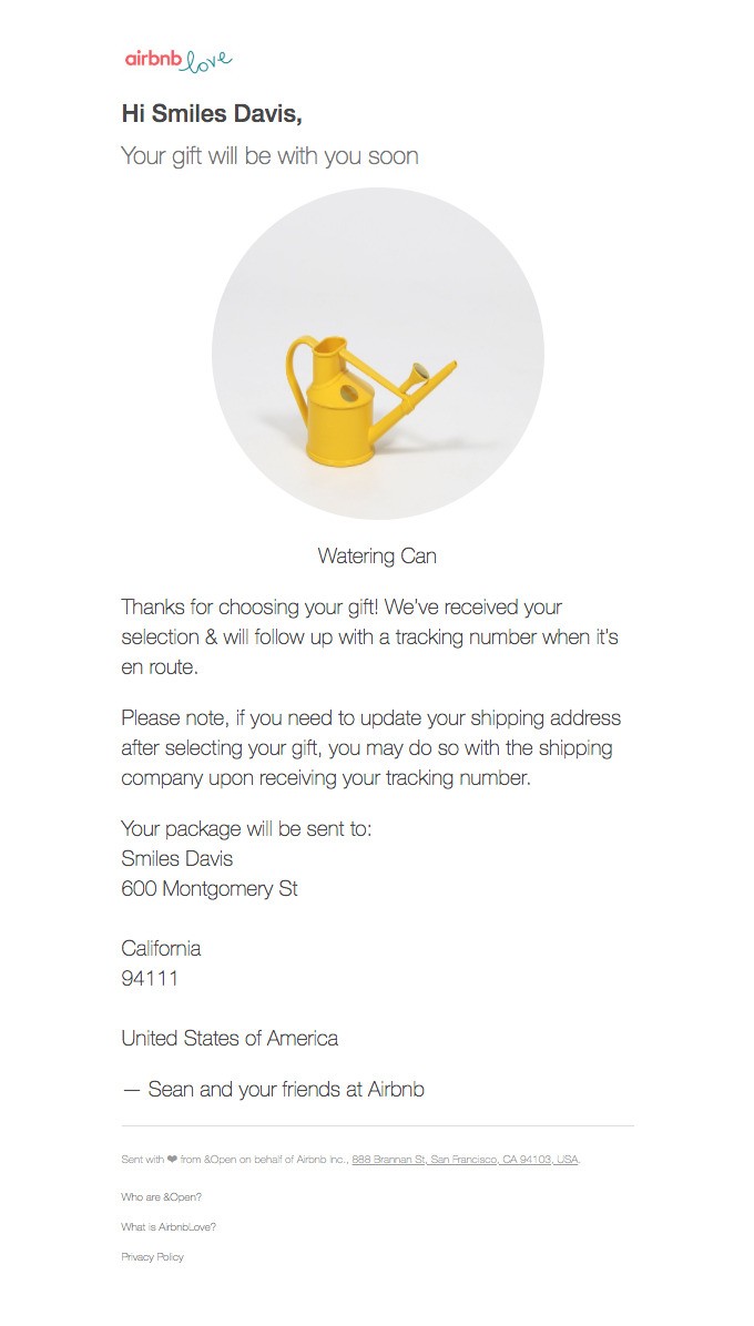 order confirmation email with a gift