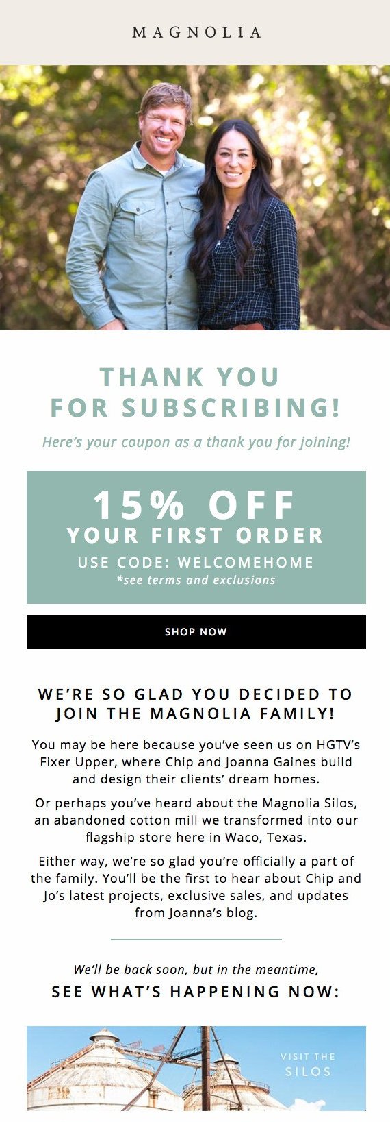 best welcome emails: magnolia