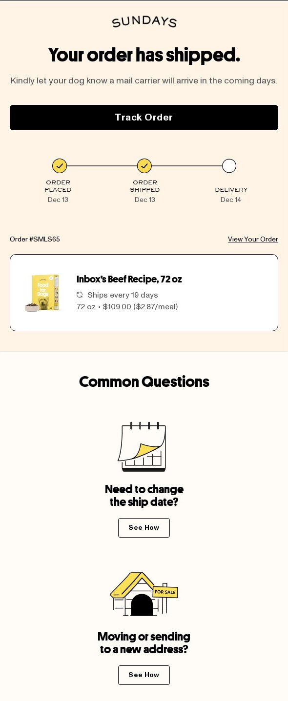 order confirmation email with live tracking