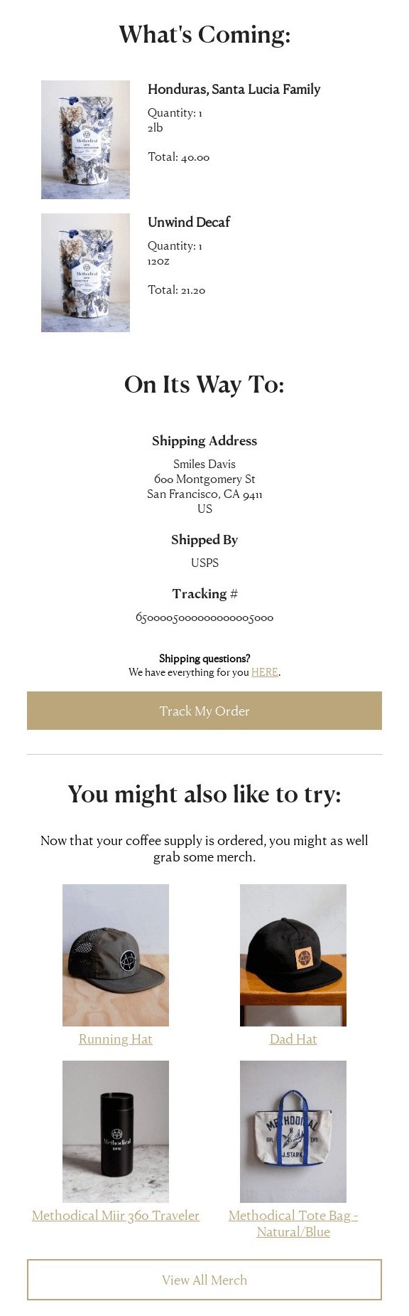 Personalized order confirmation email from Methodical Coffee