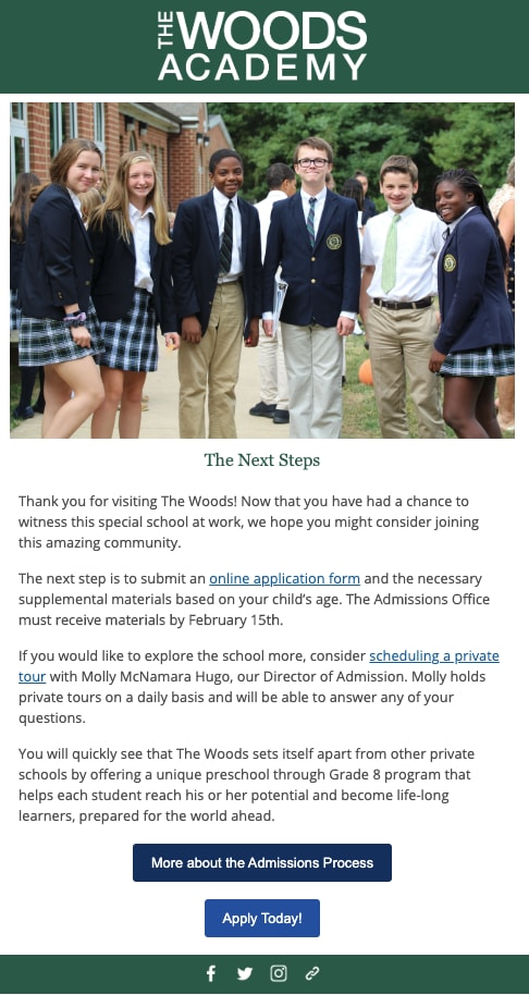 email marketing for higher education example from woods academy