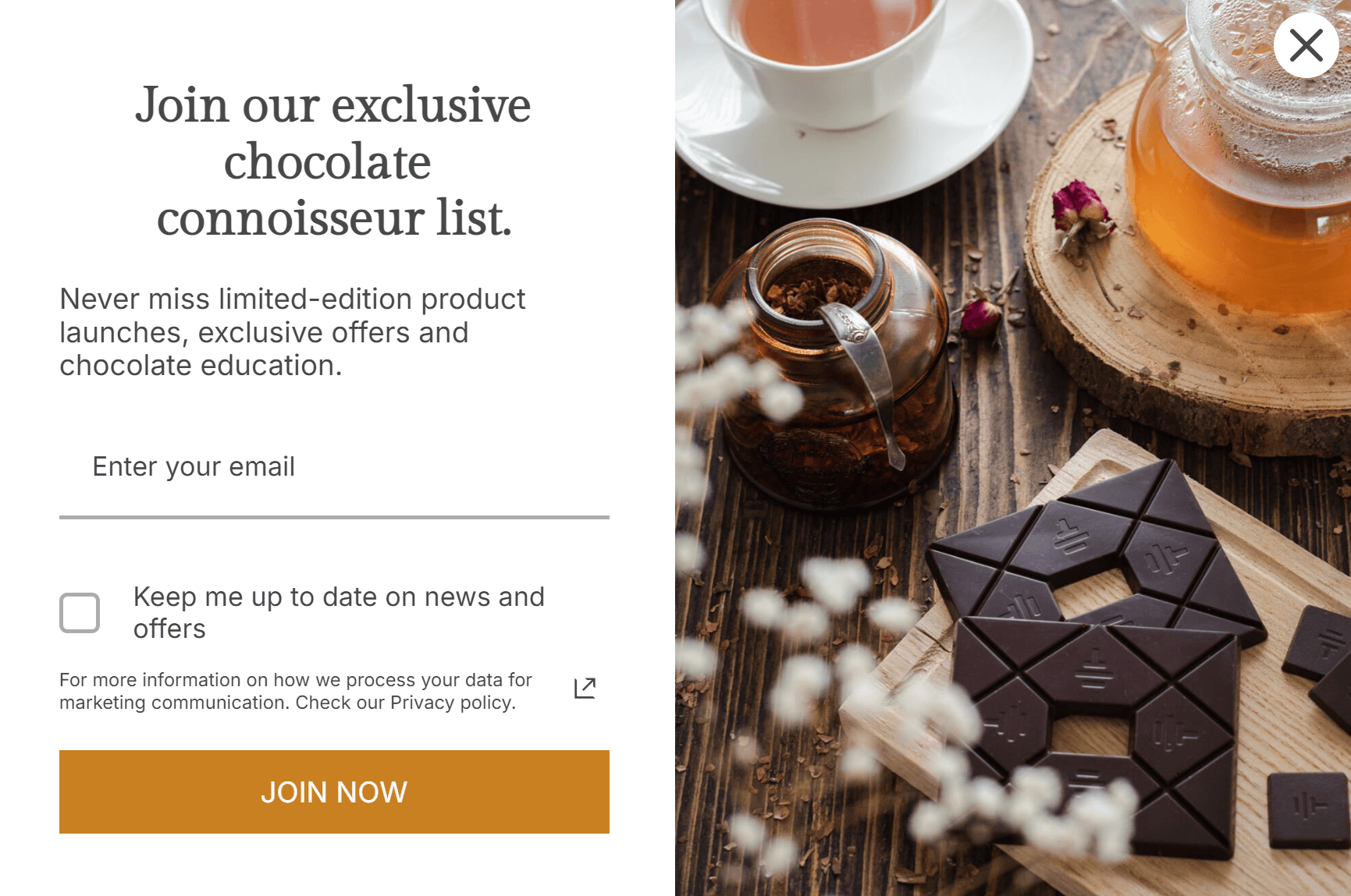 welcome popup example: to'ak chocolate