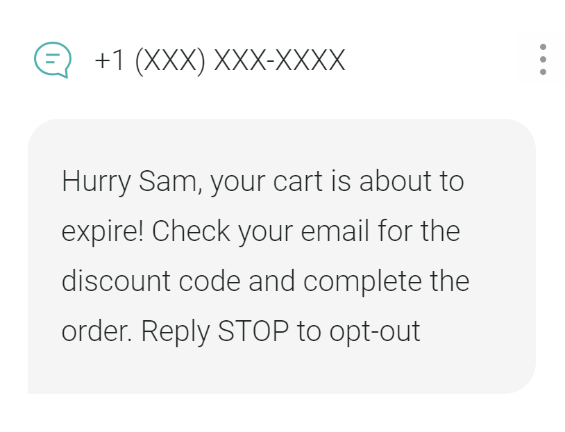 Abandoned cart reminder SMS example