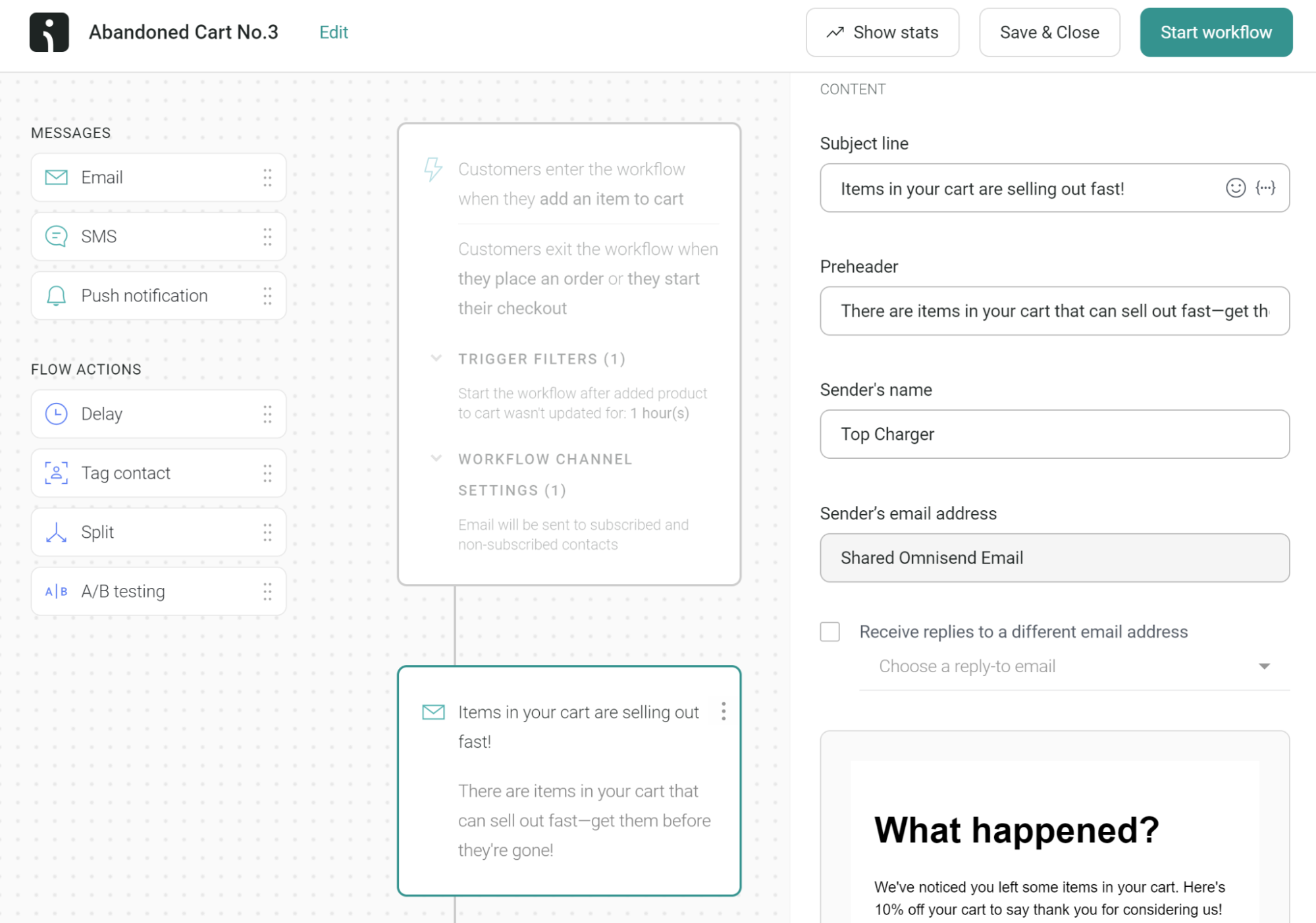 Abandoned cart workflow example in Omnisend