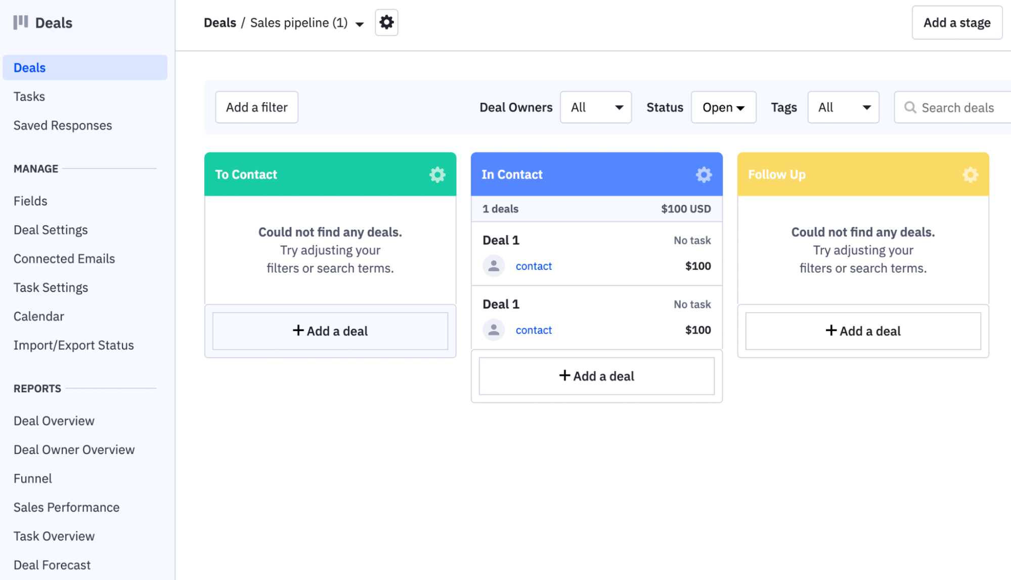 ActiveCampaign deals and sales pipeline page