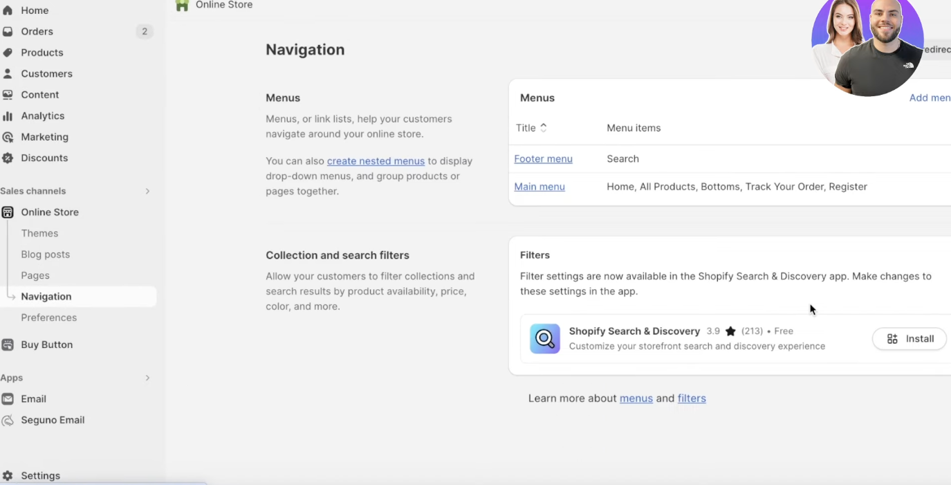 Adding landing page to navigation on Shopify