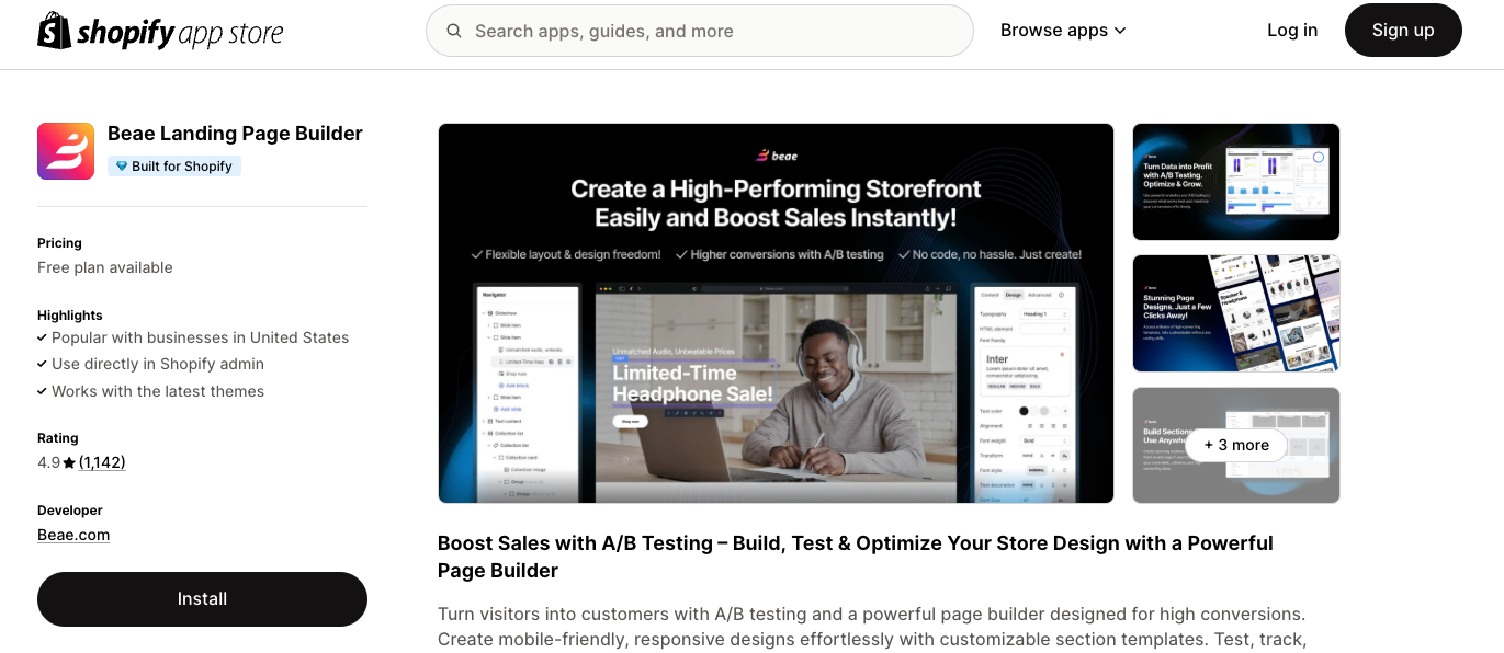 Beae app page on Shopify