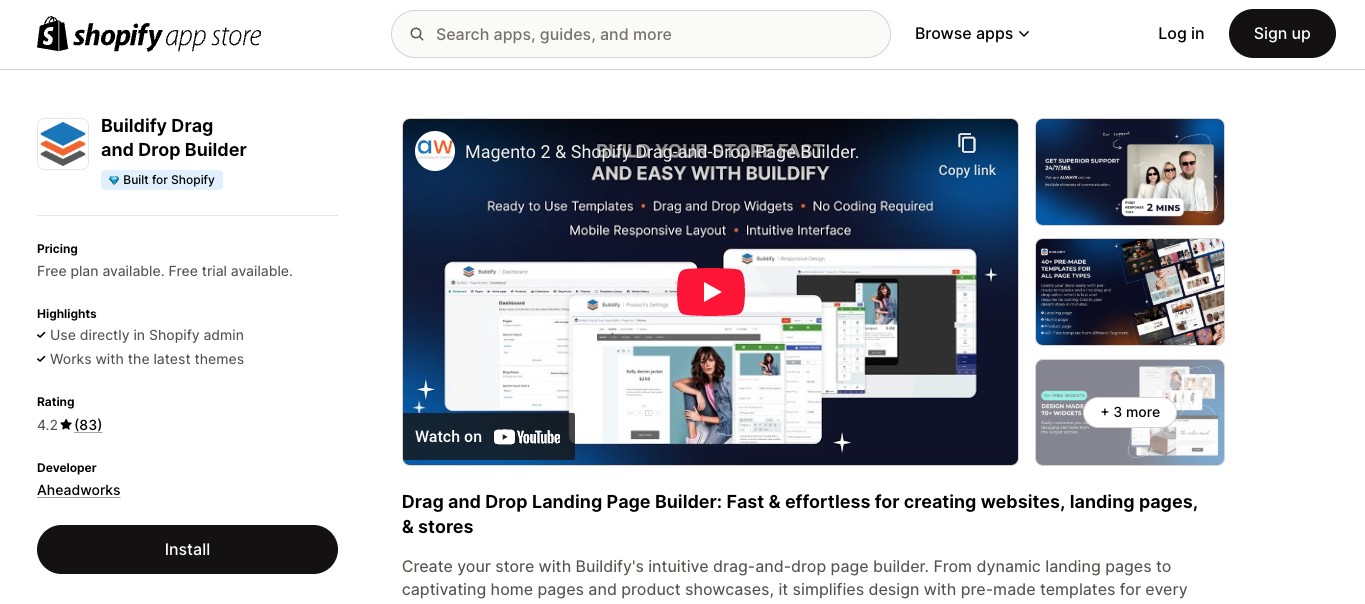 Buildify app page on Shopify