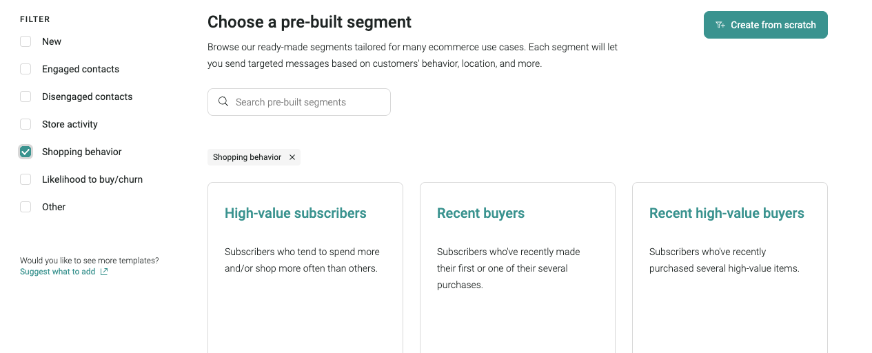 Choosing a pre-built segment in Omnisend
