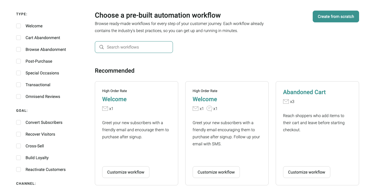 Choosing a pre-built WooCommerce automation workflow in Omnisend