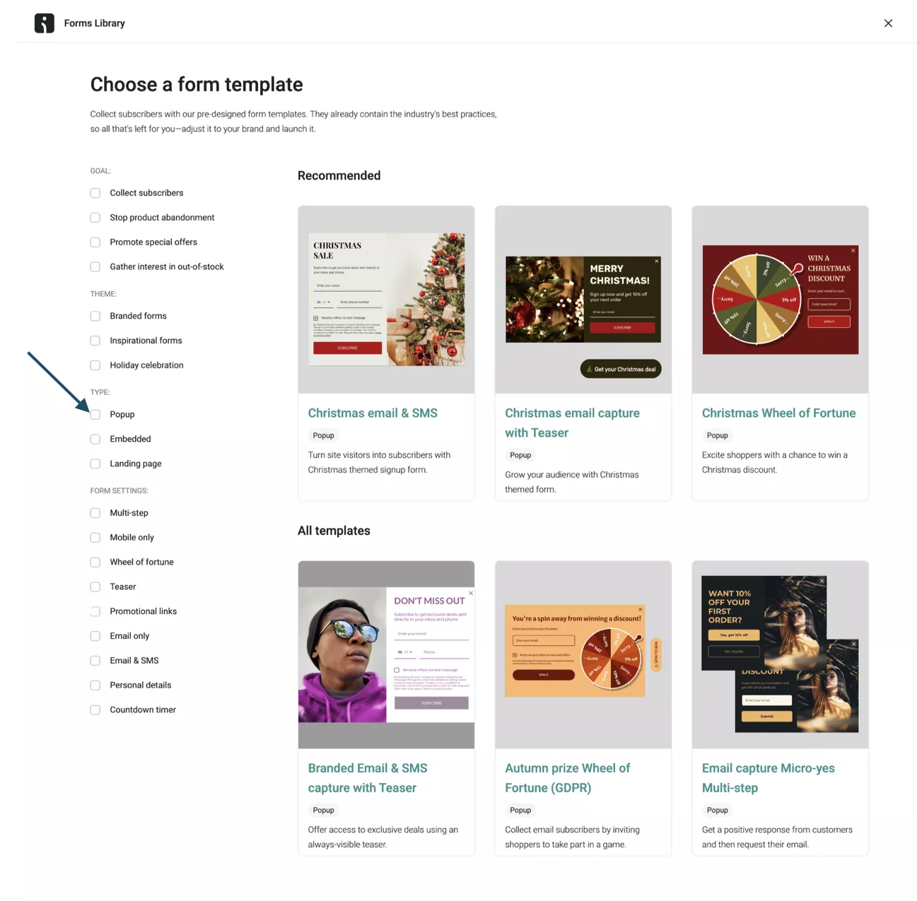 Choosing popup type