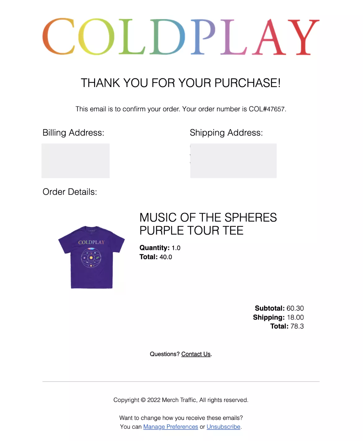 Order confirmatione mail example from Coldplay