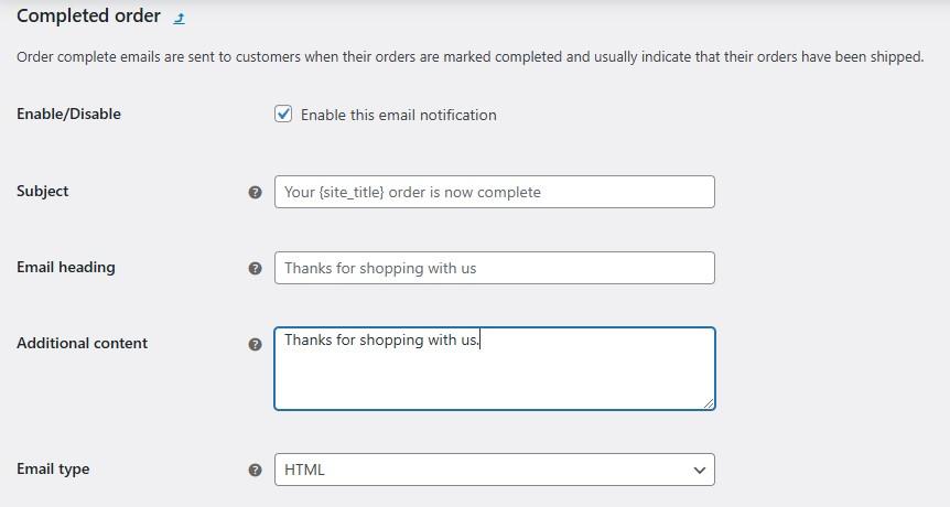 Completed order email on WooCommerce