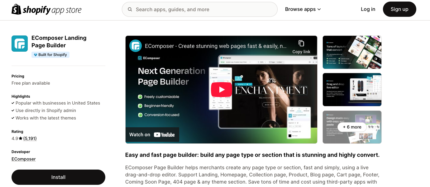 EComposer app page on Shopify