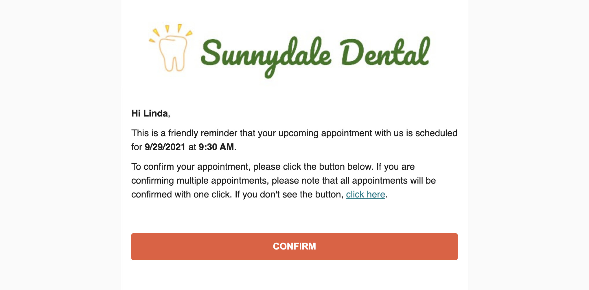 Appointment reminder email from Sunnydale Dental