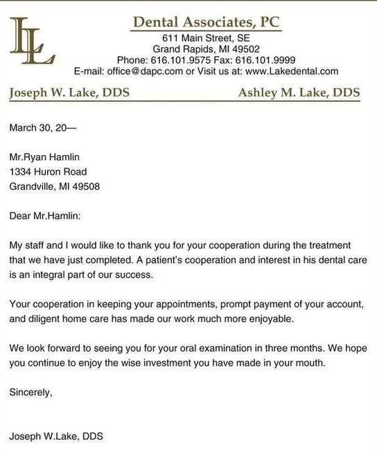 Follow-up care email example from Dental Associates