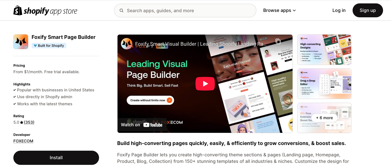 Foxify app page on Shopify