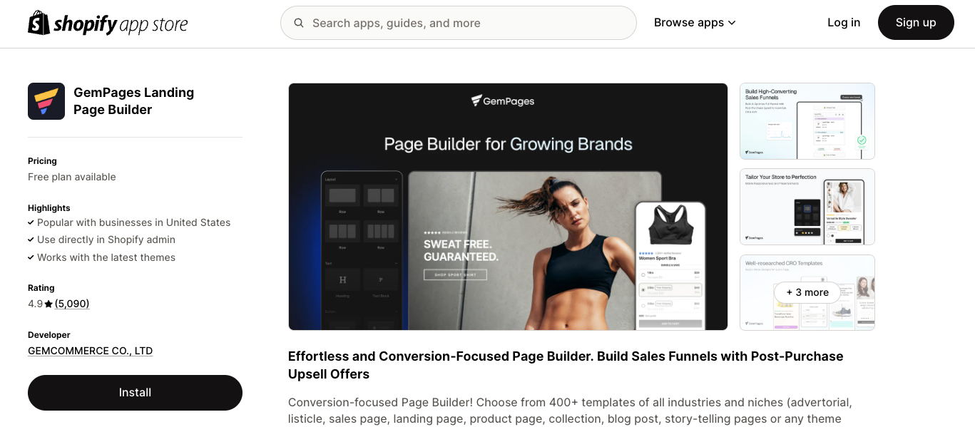 GemPages app page on Shopify