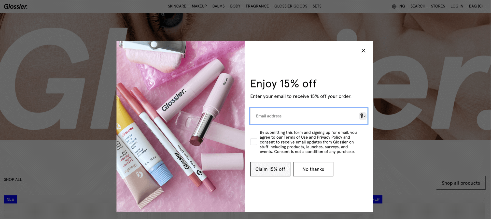 Opt-in form example from Glossier