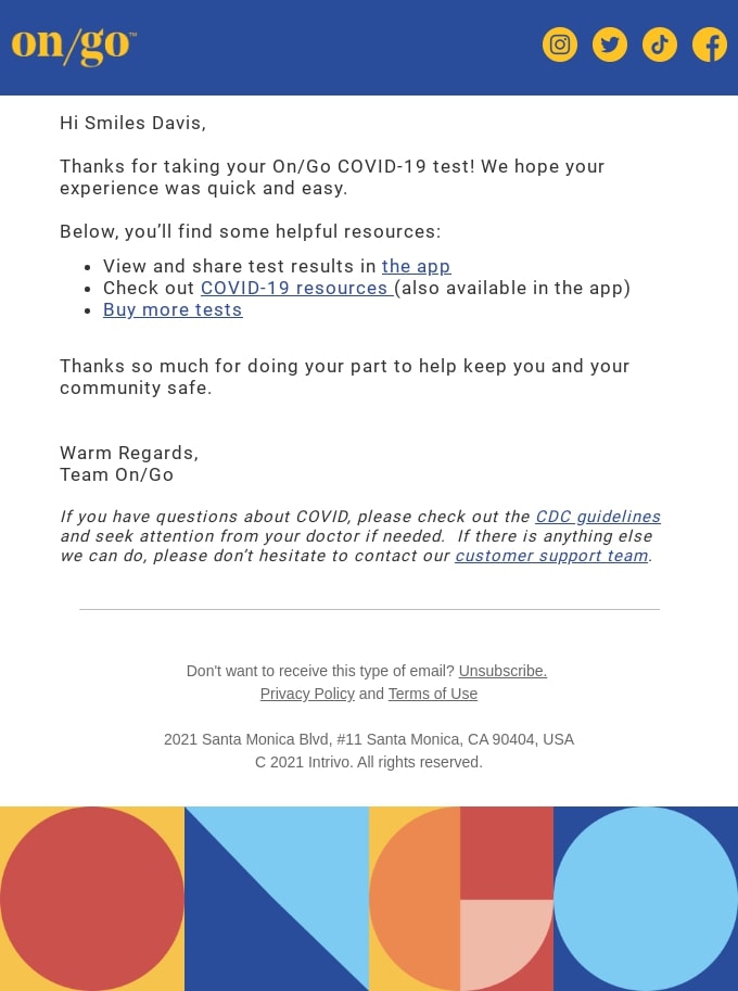 Follow-up email after treatment example from On/Go