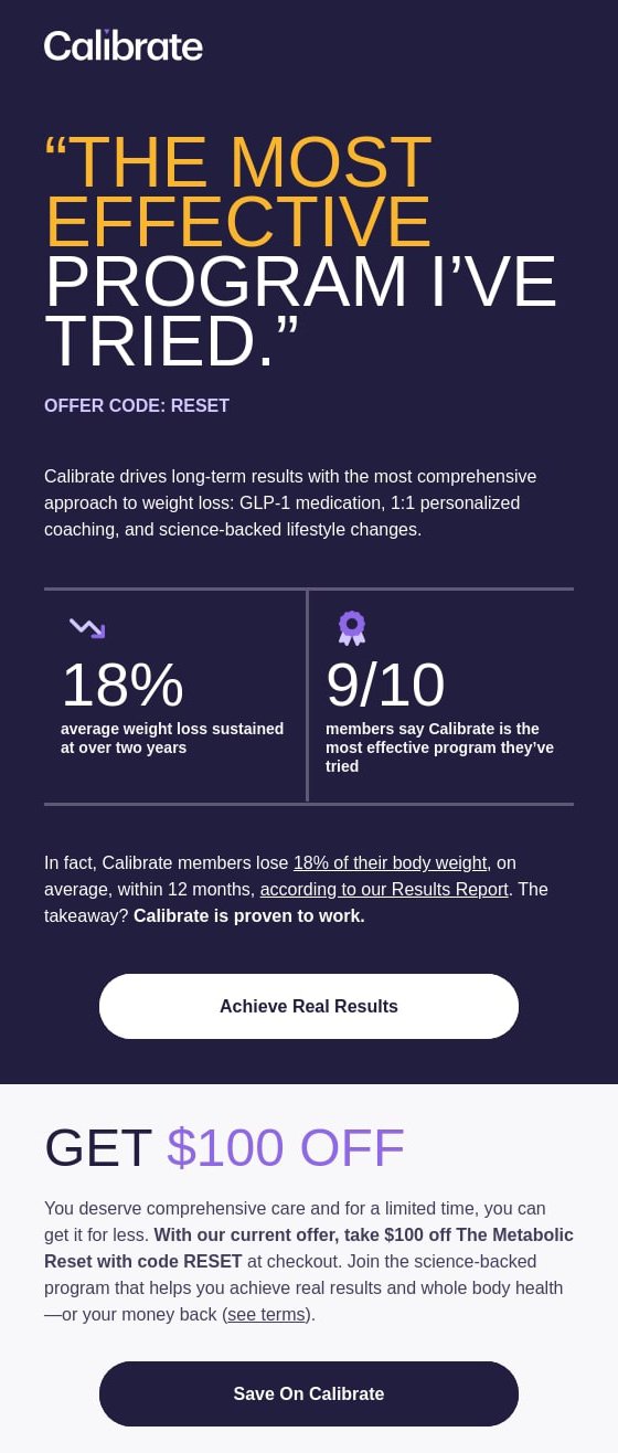 Promotional email example from Calibrate