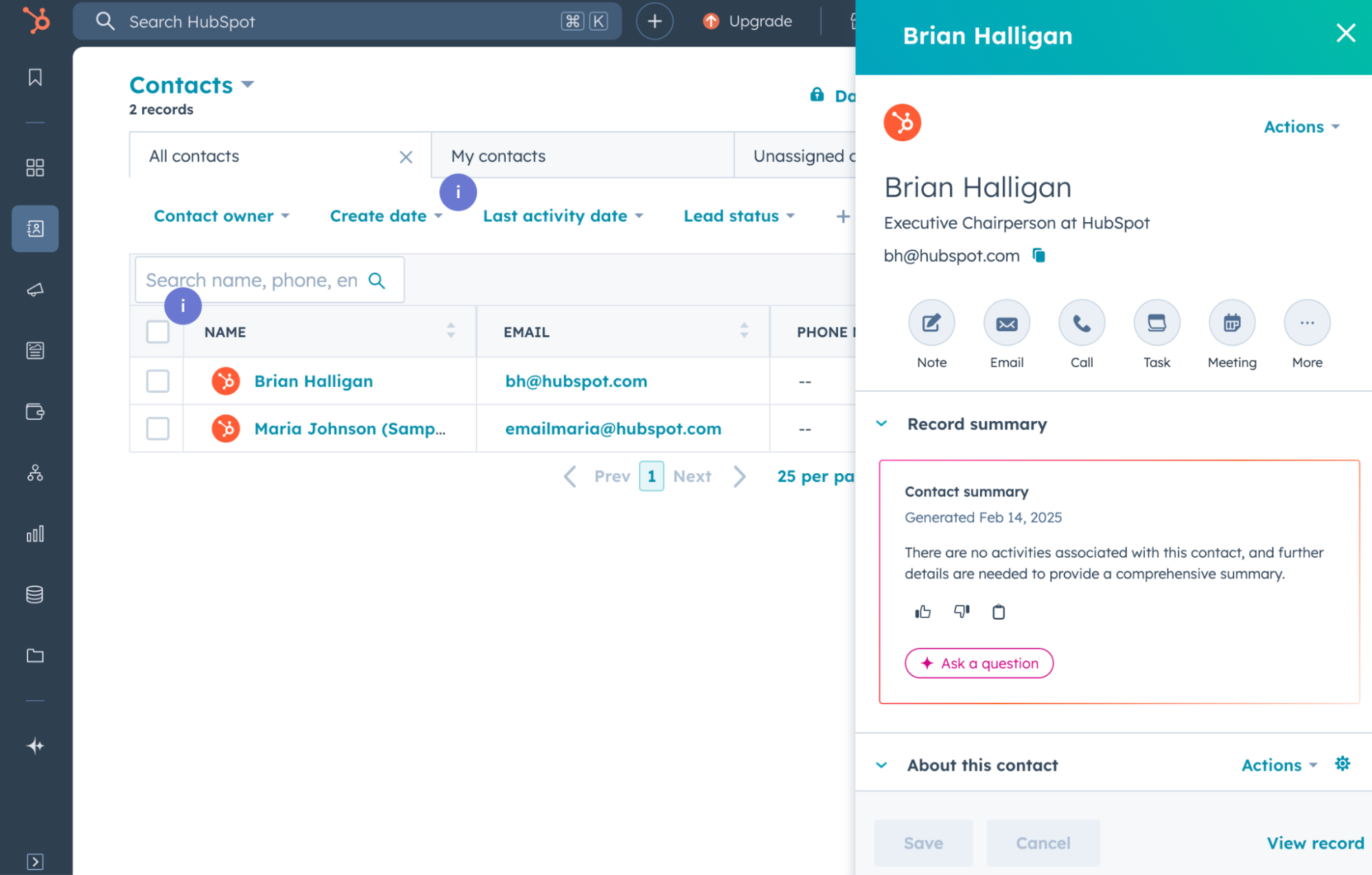 HubSpot contacts page