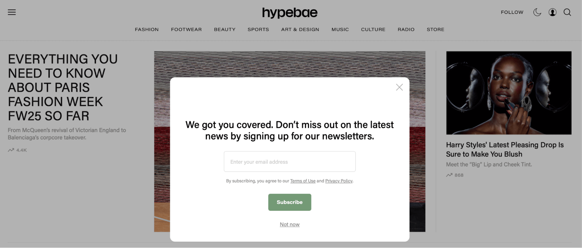 Opt-in form example from Hypebae