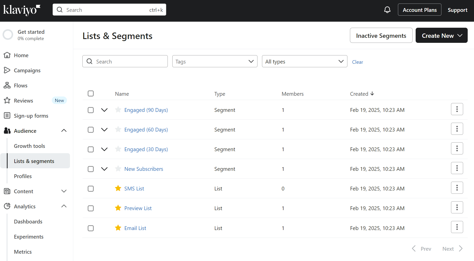 Klaviyo lists and segments