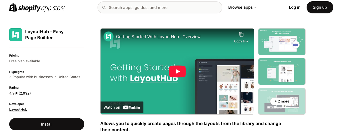 LayoutHub app page on Shopify
